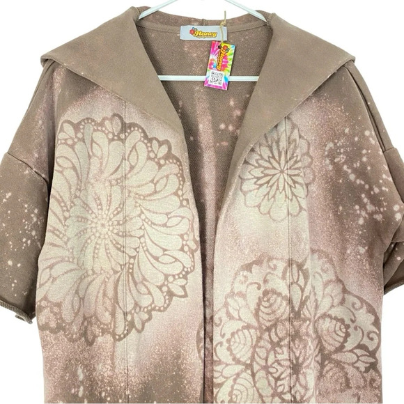 Handmade Sweatshirt Hoodie Cardigan Womens Small Medium Taupe Tan Floral Mandala - Picture 3 of 13